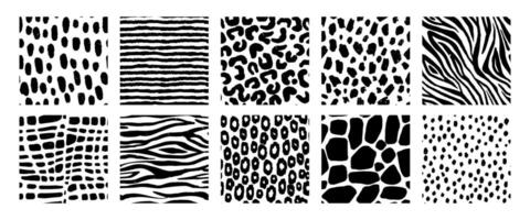 negro y blanco animal patrones. sin costura impresión de salvaje naturaleza piel texturas, resumen decorativo cocodrilo, leopardo, cebra, tigre, jirafa. conjunto vector