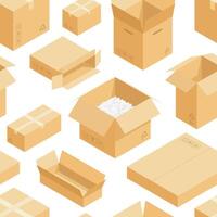 Isometric boxes pattern. Seamless print of abstract cardboard packaging containers, warehouse delivery cargo concept. texture vector