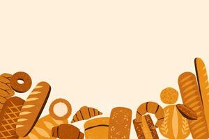 un pan antecedentes. Clásico panadería bandera con Bagels croissants junquillo, tradicional comida surtido, crujiente horneado nutrición concepto. ilustración vector