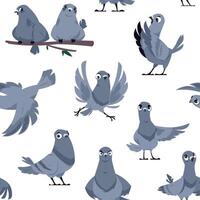 Cartoon pigeon pattern. Seamless print of cute birds in different poses and actions, domestic and wild white and gray dove. texture vector