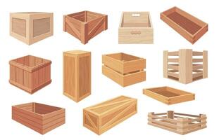 Wooden boxes. Cartoon wooden crates and packages, closed and open wooden boxes with different content, timber packaging for cargo. set vector
