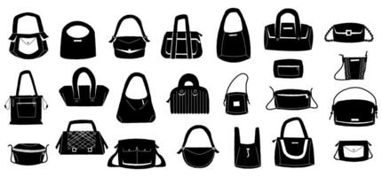 Female purse silhouette. Fashionable black clutch and handbag icons, elegant stylish women accessory collection trendy minimalist style. isolated set vector