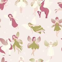 Cute fairy pattern. Seamless print with magic girls and butterflies, decorative fairytale background for fabric wrapping paper textile. texture vector