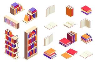 Isometric books. Open and closed book stack, university textbook, encyclopedia, notebook and magazine. 3d education concept vector