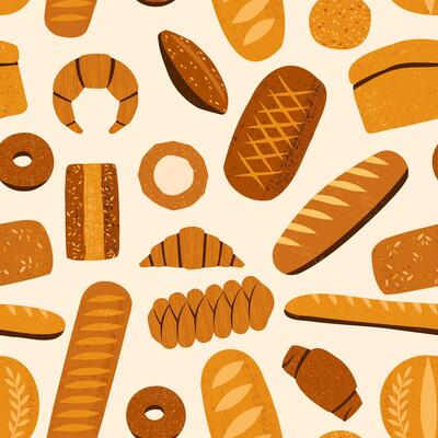 Bread pattern. Seamless print of bakery products with baguettes croissants bagels pretzels, cartoon fresh baked food. texture