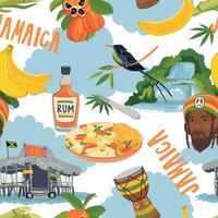 Seamless pattern in Rasta colors. Jamaican pattern. Rum, ackee fruit, hummingbird, waterfall, beach bar, rastafarian, giant drum in flat style on white background. vector