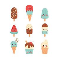 Set of cute funny ice cream in kawaii style. Ice creams cartoon characters vector