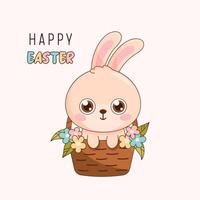 Cute little easter bunny sitting in a basket. Happy Easter greeting card vector