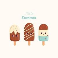 Summer card, banner, poster with cute ice cream characters in kawaii style. Hello summer card vector