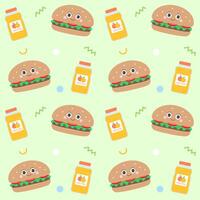Kids seamless pattern cute hamburger with orange juice hand drawn green background vector