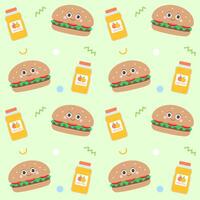 Kids seamless pattern cute hamburger with orange juice hand drawn green background vector