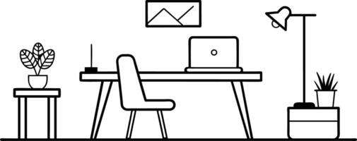 a black and white drawing of a home office vector