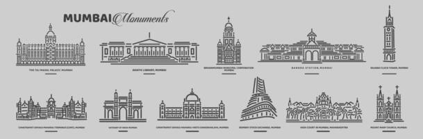 conjunto de Mumbai monumentos en gris líneas iconos vector