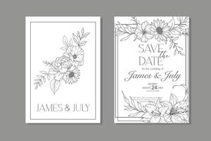 Line Art Wildflowers Wedding Invitation template, Outline Wildflowers Minimalist Wedding Stationery vector