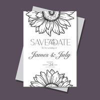 línea Arte girasoles Boda invitación plantilla, contorno girasoles minimalista Boda papelería, girasoles Boda vector