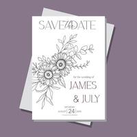 Line Art Sunflowers Wedding Invitation template, Outline Sunflowers Minimalist Wedding Stationery, Sunflowers Wedding vector