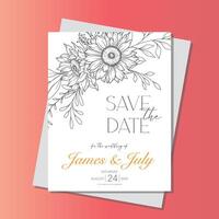 línea Arte girasoles Boda invitación plantilla, contorno girasoles minimalista Boda papelería, girasoles Boda vector