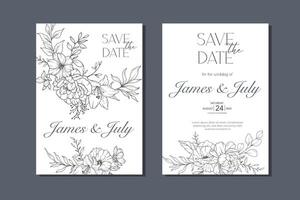 Line Art Wildflowers Wedding Invitation template, Outline Wildflowers Minimalist Wedding Stationery vector