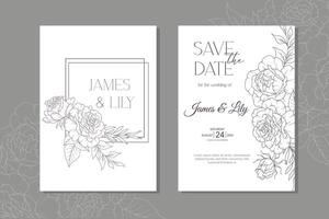 línea Arte rosas Boda invitación plantilla, contorno Rosa flores minimalista Boda papelería vector