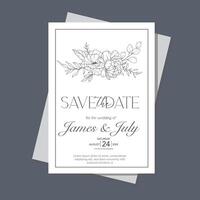 Line Art Wildflowers Wedding Invitation template, Outline Wildflowers Minimalist Wedding Stationery vector