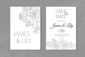 Line Art Roses Wedding Invitation template, Outline Rose Flowers Minimalist Wedding Stationery vector