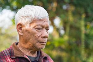 Portrait of an elderly man worried and looking down while standing in a garden. Space for text. Concept of aged people and healthcare photo