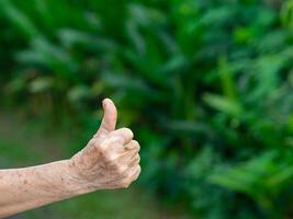 Hand of a senior woman showing success gesture with nature background. Space for text. Concept of aged people and body part photo