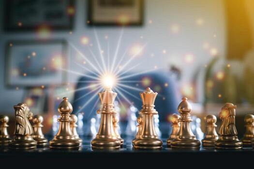 Front view of a chess game on a chessboard with lighting and blur background. Business game competitive strategy. Concept of strategy for business photo