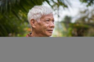 mayor hombre sonriente y mirando arriba mientras en pie en un jardín. espacio para texto. concepto de Envejecido personas y cuidado de la salud foto