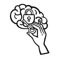 Secrets of the mind, lock on the brain and hand with key illustration sketch vector