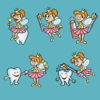 Set with tooth fairy and tooth character, illustration vector