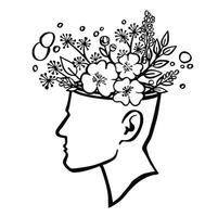 Head blossoms, mental health line illustration vector