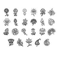 large set of decorative outlines of flowers and plants, hand drawn illustration vector