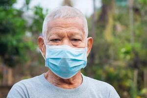 Elderly Asian man wearing a mask and looking at the camera while standing in a garden. Mask for protecting covid-19, coronavirus, and more. Concept of aged people and healthcare photo