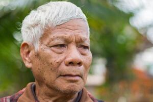 retrato de un mayor hombre mirando lejos mientras en pie en un jardín. espacio para texto. concepto de Envejecido personas y cuidado de la salud foto