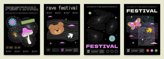 un conjunto de surrealista resumen carteles para un delirio festival. vistoso loco impresión diseño. vector