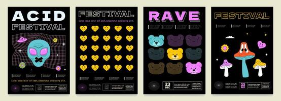 A set of psychedelic bright posters for a rave festival. Hippie-style print templates. vector