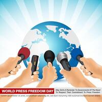 World Press Freedom Day background with hands of reporters with microphone vector