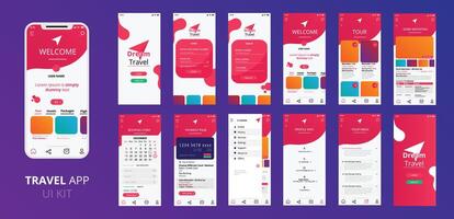 Tour and Travel app ui kit for responsive mobile app or website with different layout including login, Sign Up, User profile, Transaction and Notification screens with dummy texts vector