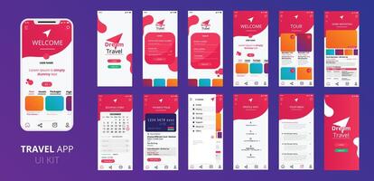 excursión y viaje aplicación ui equipo para sensible móvil aplicación o sitio web con diferente diseño incluso acceso, firmar arriba, usuario perfil, transacción y notificación pantallas con tonto textos vector