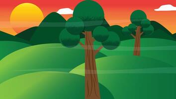 Beautiful green nature background illustration with Land, Mountains, Sun and Sky. vector