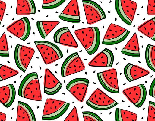 watermelon berry fruit chunks pattern white backgroung banner flyer web template concept slices red green turquoise summer august september party freshness holidays beach weekend food top view
