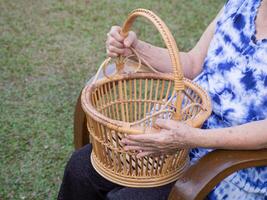manos de un mayor mujer participación un cesta mientras sentado en un silla en un jardín. espacio para texto. concepto de Envejecido personas y relajación foto