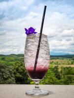 A glass of iced mixed berry soda on a wooden table with nature background. Concept of cold drink photo