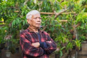 retrato de mayor asiático hombre brazos cruzado y mirando lejos mientras en pie en un jardín. espacio para texto. concepto de Envejecido personas y cuidado de la salud foto