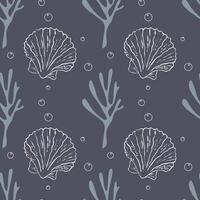 Marine ocean pattern with corals and seashells, air bubbles, sea elements on gray background, elegant and stylish. vector