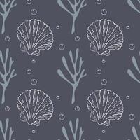 Marine ocean pattern with corals and seashells, air bubbles, sea elements on gray background, elegant and stylish. vector