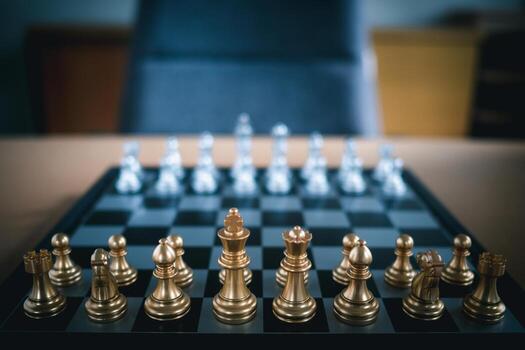 Front view of a chess game on a chessboard with blur background. Business game competitive strategy. Concept of strategy for business photo