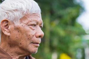 Close-up view side of face senior man looking away while standing in a garden photo