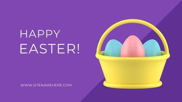 Easter greeting banner 3d basket with painted chicken eggs design template realistic vector